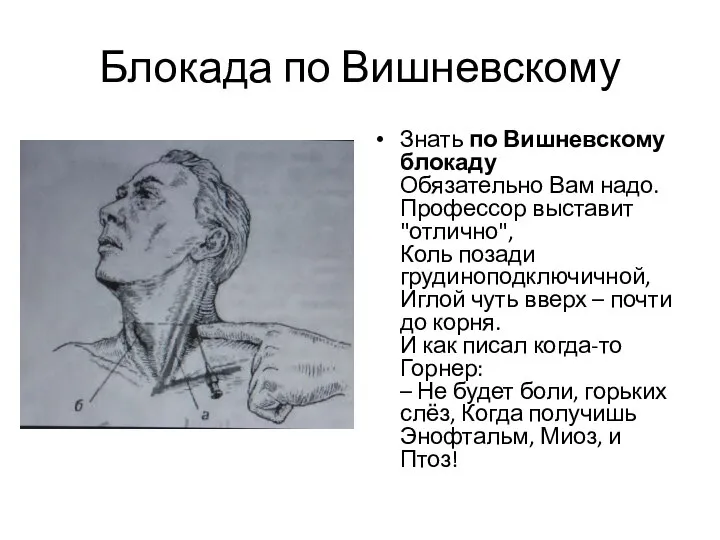 Блокада по Вишневскому Знать по Вишневскому блокаду Обязательно Вам надо. Профессор выставит