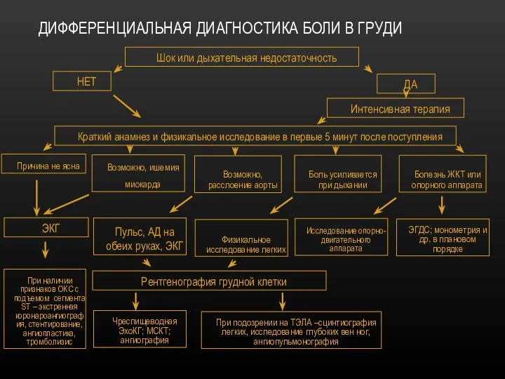 ДИФФЕРЕНЦИАЛЬНАЯ ДИАГНОСТИКА БОЛИ В ГРУДИ Шок или дыхательная недостаточность ДА НЕТ Интенсивная