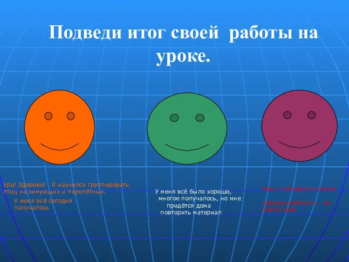 Подведи итог своей работы на уроке. Ура! Здорово! Я научился группировать птиц