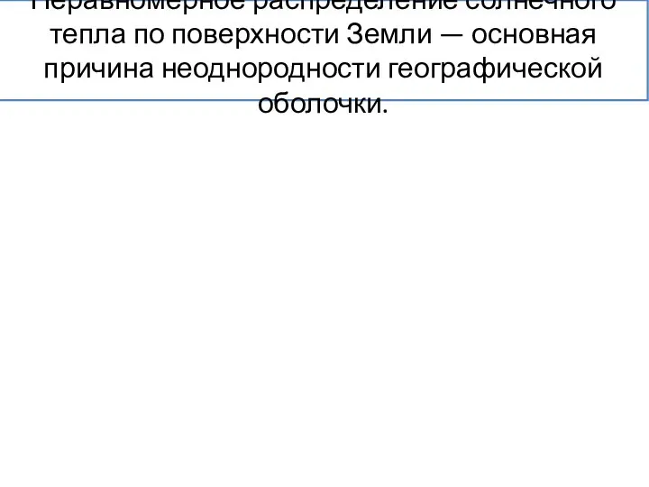 Неравномерное распределение солнечного тепла по поверхности Земли — основная причина неоднородности географической оболочки.