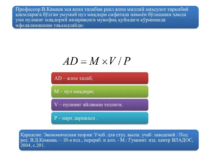 AD – ялпи талаб; M – пул миқдори; V – пулнинг айланиш