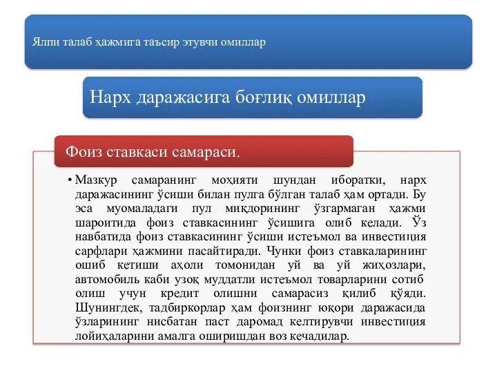 Ялпи талаб ҳажмига таъсир этувчи омиллар Нарх даражасига боғлиқ омиллар