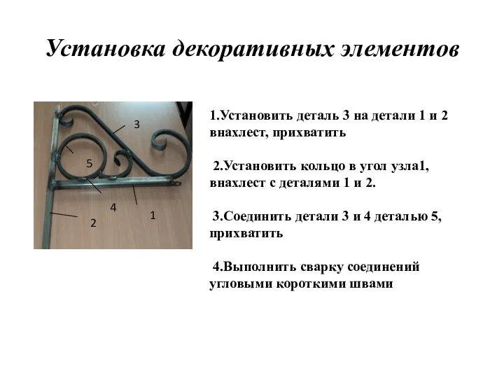 Установка декоративных элементов 1.Установить деталь 3 на детали 1 и 2 внахлест,