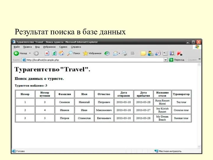 Результат поиска в базе данных