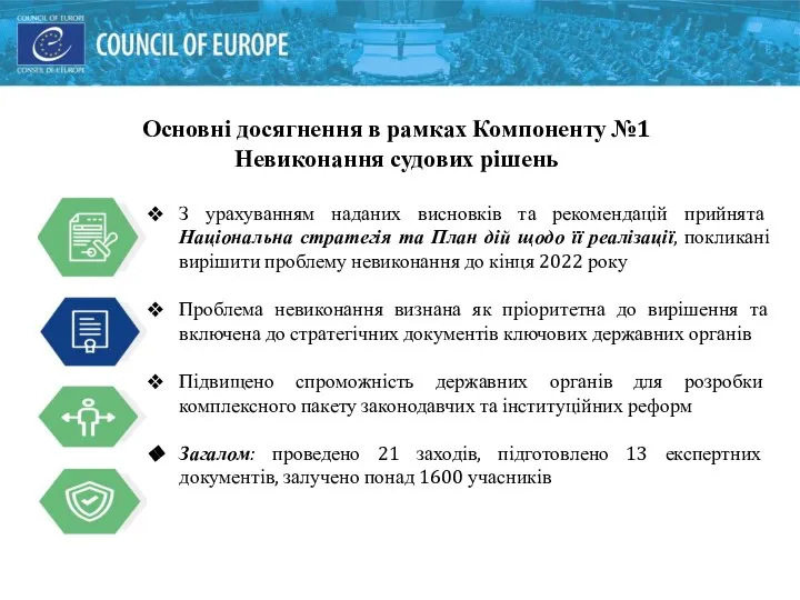 Основні досягнення в рамках Компоненту №1 Невиконання судових рішень З урахуванням наданих