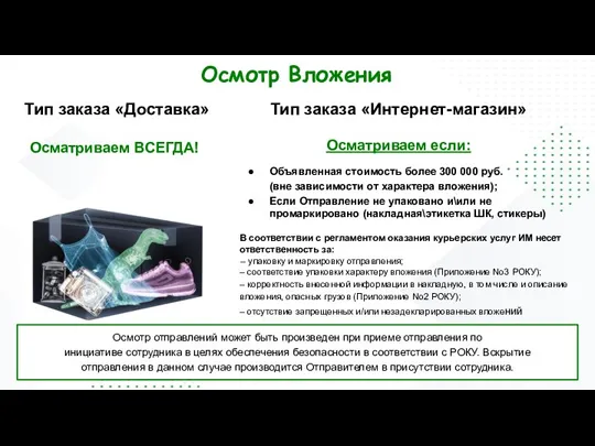 Осмотр Вложения Тип заказа «Доставка» Осматриваем ВСЕГДА! Тип заказа «Интернет-магазин» Осматриваем если: