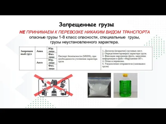 НЕ ПРИНИМАЕМ К ПЕРЕВОЗКЕ НИКАКИМ ВИДОМ ТРАНСПОРТА опасные грузы 1-8 класс опасности,