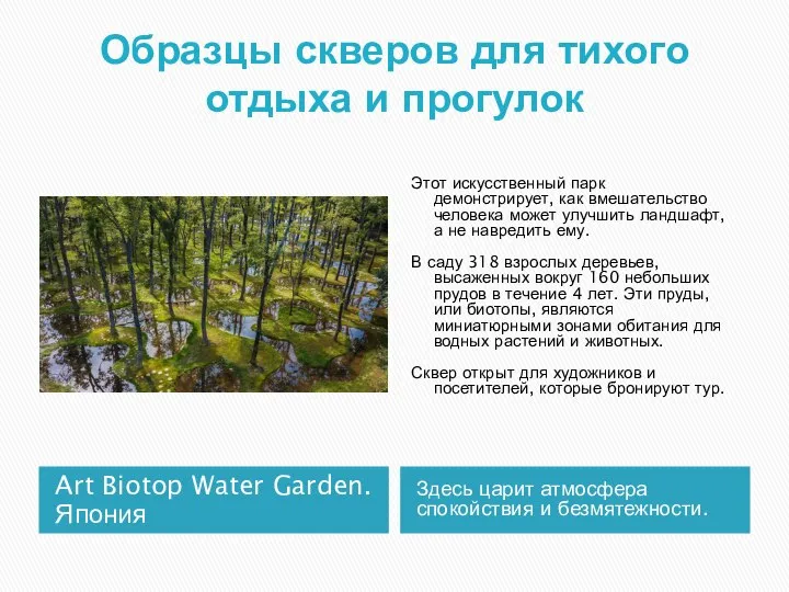 Образцы скверов для тихого отдыха и прогулок Art Biotop Water Garden. Япония