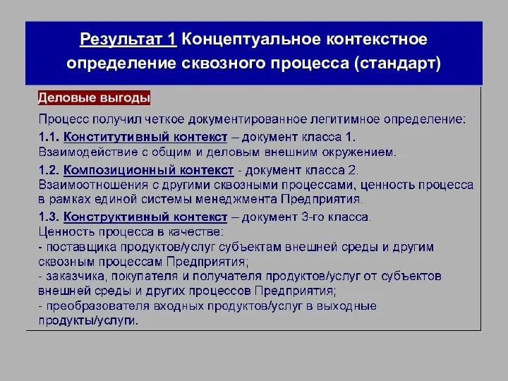 Результат 1 Концептуальное контекстное определение сквозного процесса (стандарт)