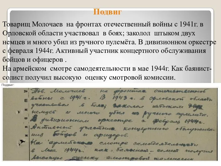 Подвиг Товарищ Молочаев на фронтах отечественный войны с 1941г. в Орловской области