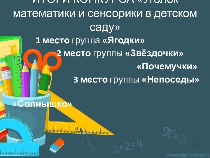 ИТОГИ КОНКУРСА «Уголок математики и сенсорики в детском саду» 1 место группа