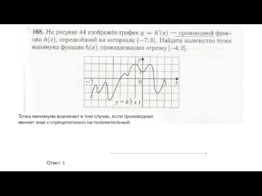 Ответ: 1 Точка минимума возникает в том случае, если производная меняет знак с отрицательного на положительный.