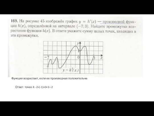 Функция возрастает, если ее производная положительна Ответ: точек 4: -2+(-1)+0+1=-2