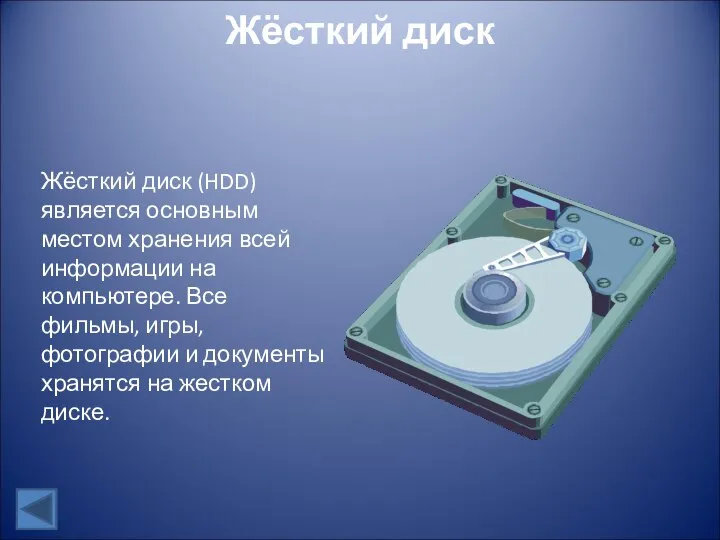 Жёсткий диск Жёсткий диск (HDD) является основным местом хранения всей информации на