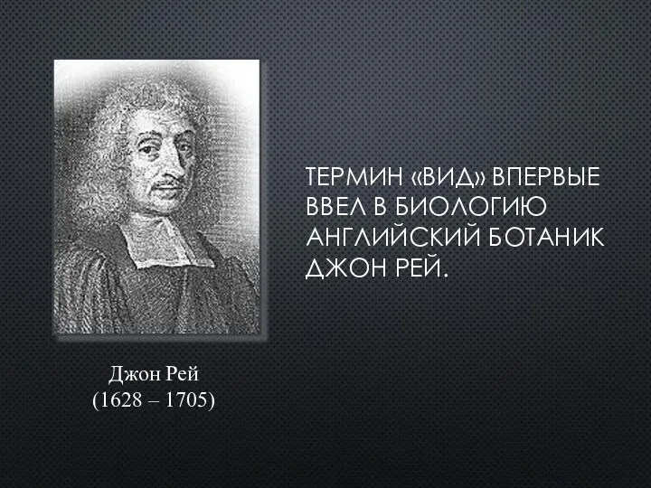 ТЕРМИН «ВИД» ВПЕРВЫЕ ВВЕЛ В БИОЛОГИЮ АНГЛИЙСКИЙ БОТАНИК ДЖОН РЕЙ. Джон Рей (1628 – 1705)