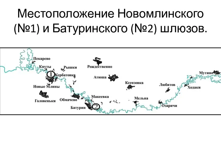 Местоположение Новомлинского (№1) и Батуринского (№2) шлюзов.