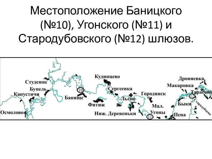 Местоположение Баницкого (№10), Угонского (№11) и Стародубовского (№12) шлюзов.