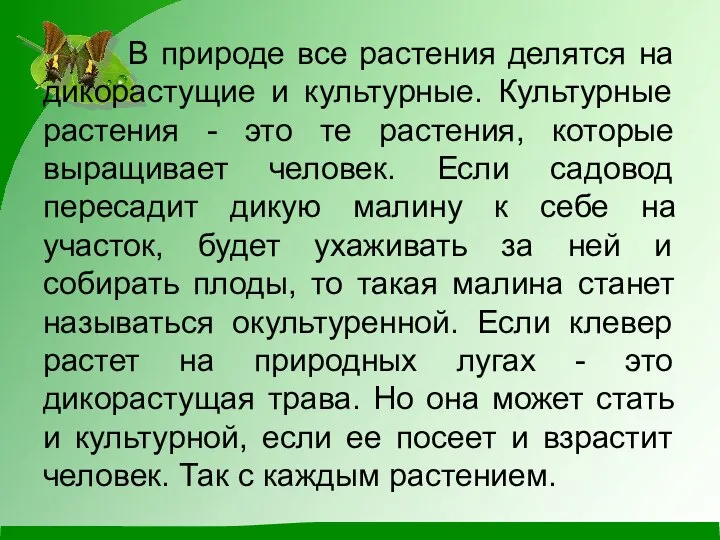 В природе все растения делятся на дикорастущие и культурные. Культурные растения -