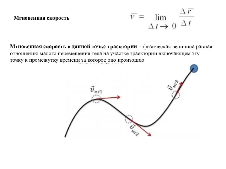 Мгновенная скорость в данной точке траектории - физическая величина равная отношению малого