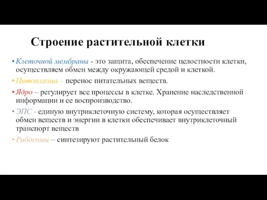 Строение растительной клетки Клеточной мембраны - это защита, обеспечение целостности клетки, осуществляем