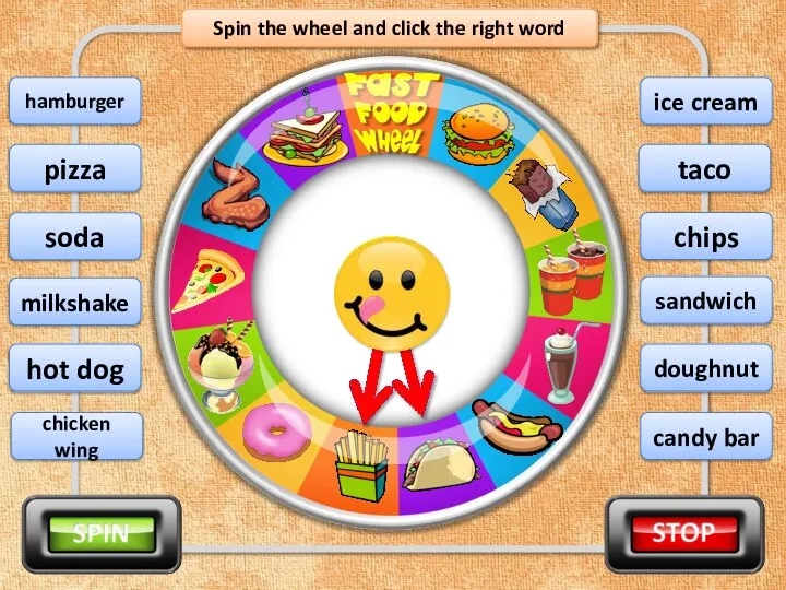 Spin the wheel and click the right word chips pizza chicken wing