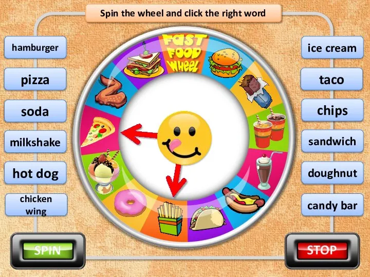 Spin the wheel and click the right word pizza chips chicken wing