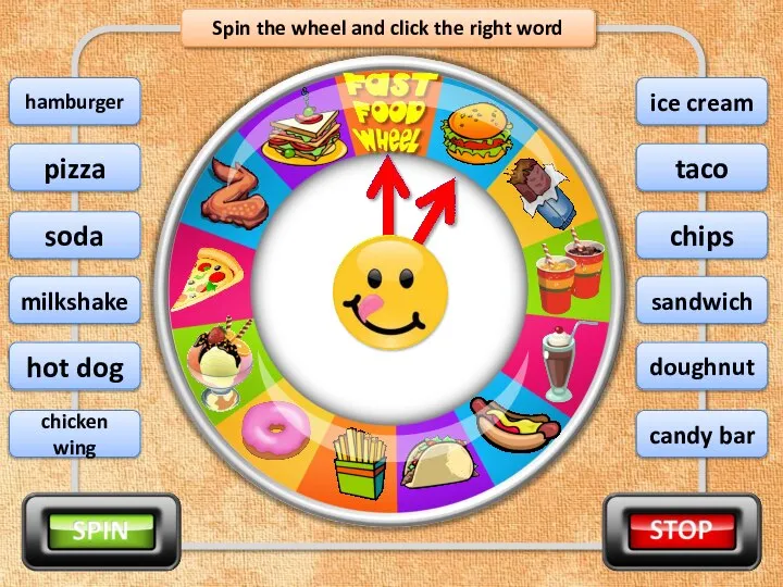 Spin the wheel and click the right word hamburger pizza soda milkshake