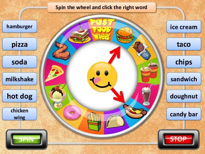 Spin the wheel and click the right word hot dog pizza soda