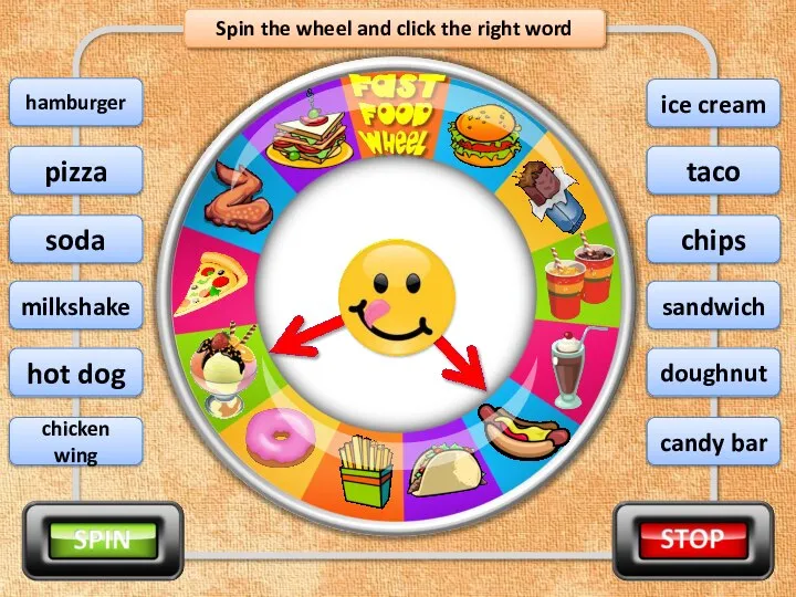 Spin the wheel and click the right word ice cream pizza soda