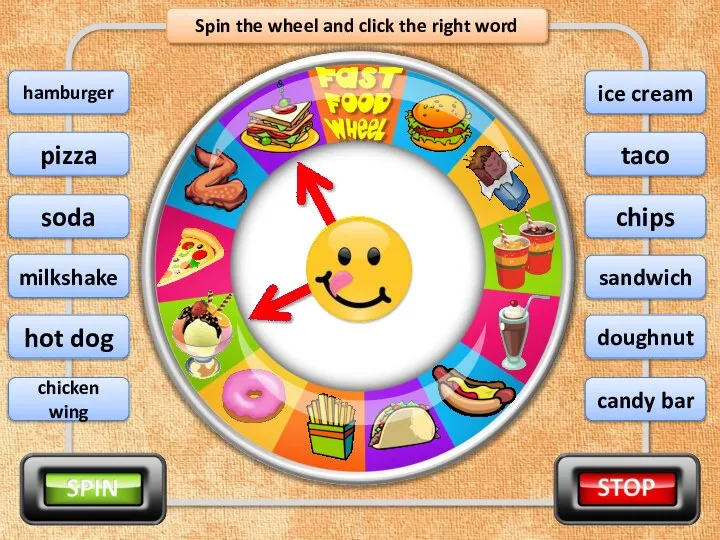 Spin the wheel and click the right word sandwich pizza soda milkshake
