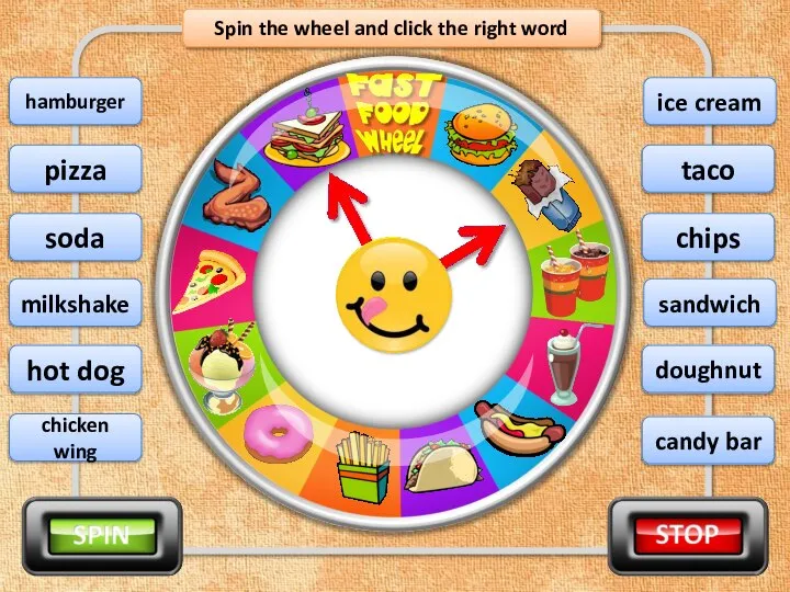 Spin the wheel and click the right word candy bar pizza soda