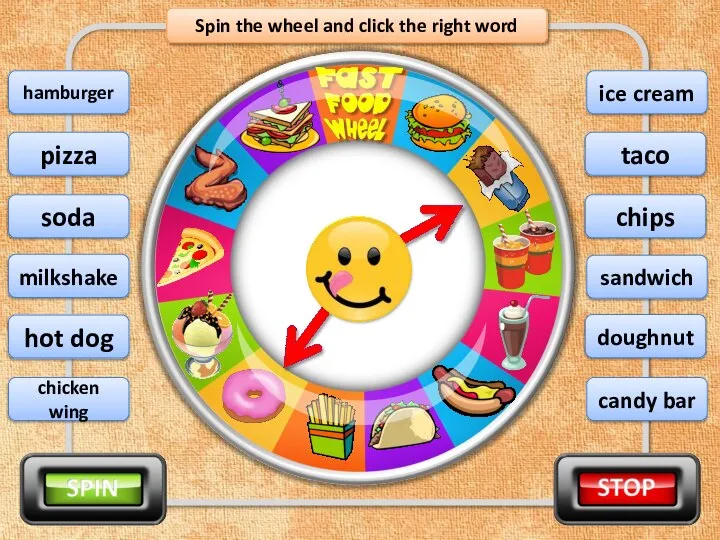 Spin the wheel and click the right word doughnut pizza soda milkshake