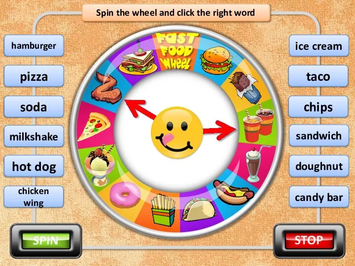 Spin the wheel and click the right word soda pizza chicken wing