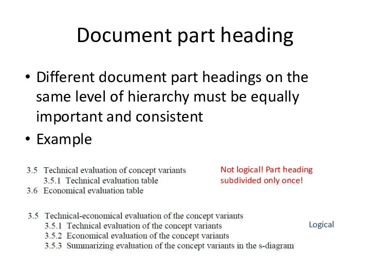 Different document part headings on the same level of hierarchy must be