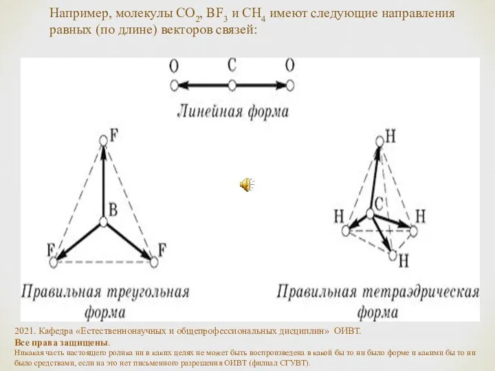 Например, молекулы СО2, BF3 и СН4 имеют следующие направления равных (по длине)