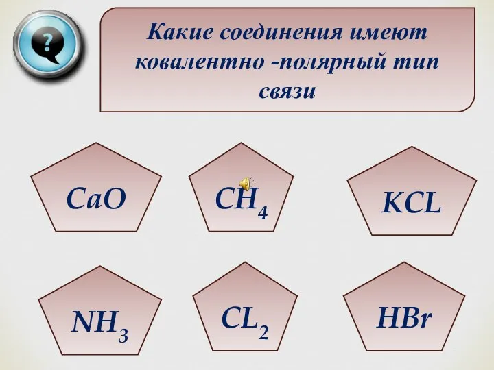 Какие соединения имеют ковалентно -полярный тип связи CaO NH3 CL2 HBr KCL CH4