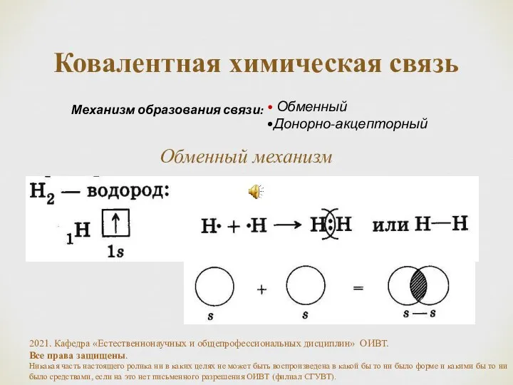 Ковалентная химическая связь Обменный Донорно-акцепторный Механизм образования связи: Обменный механизм 2021. Кафедра