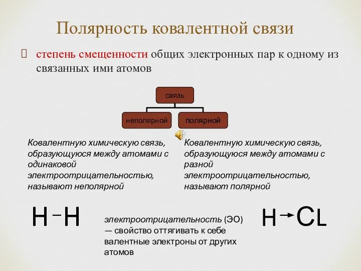 Полярность ковалентной связи степень смещенности общих электронных пар к одному из связанных