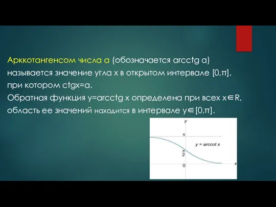 Арккотангенсом числа a (обозначается arcctg a) называется значение угла x в открытом