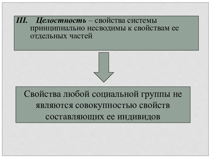 III. Целостность – свойства системы принципиально несводимы к свойствам ее отдельных частей