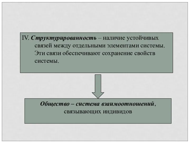 IV. Структурированность – наличие устойчивых связей между отдельными элементами системы. Эти связи