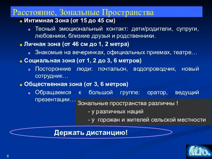 Расстояние, Зональные Пространства Интимная Зона (от 15 до 45 см) Тесный эмоциональный