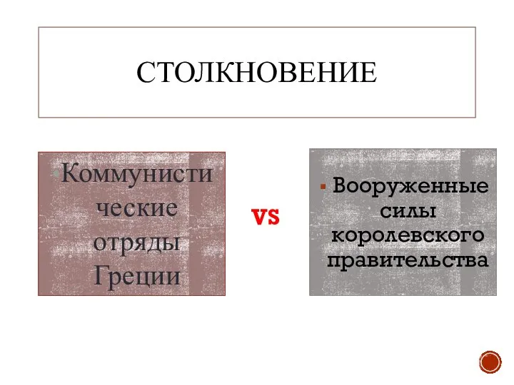 СТОЛКНОВЕНИЕ Вооруженные силы королевского правительства Коммунистические отряды Греции VS