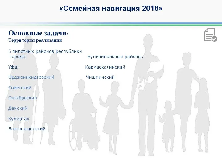 «Семейная навигация 2018» Основные задачи: Территория реализации 5 пилотных районов республики города: