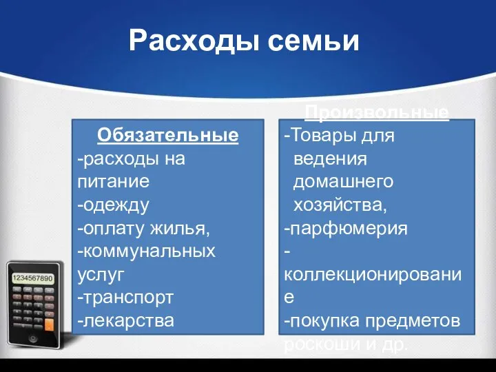 Расходы семьи Обязательные -расходы на питание -одежду -оплату жилья, -коммунальных услуг -транспорт