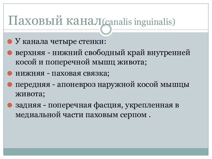 Паховый канал(canalis inguinalis) У канала четыре стенки: верхняя - нижний свободный край