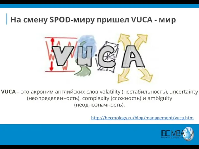 На смену SPOD-миру пришел VUCA - мир VUCA – это акроним английских