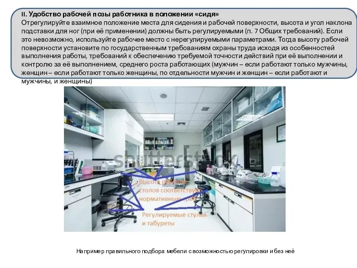 . II. Удобство рабочей позы работника в положении «сидя» Отрегулируйте взаимное положение