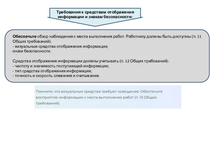 . Требования к средствам отображения информации и знакам безопасности: Обеспечьте обзор наблюдения