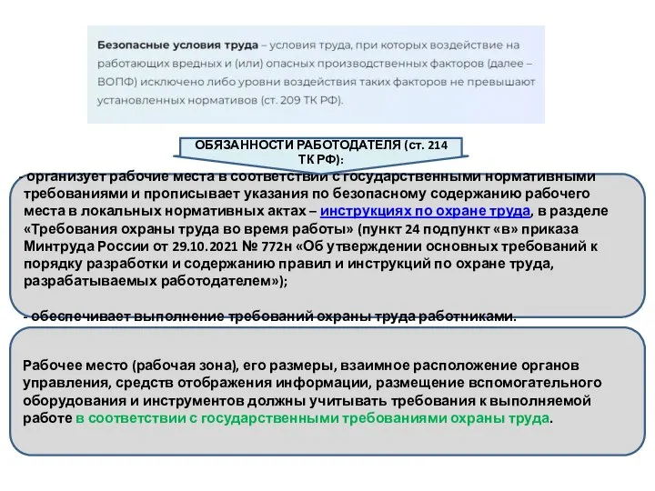 организует рабочие места в соответствии с государственными нормативными требованиями и прописывает указания